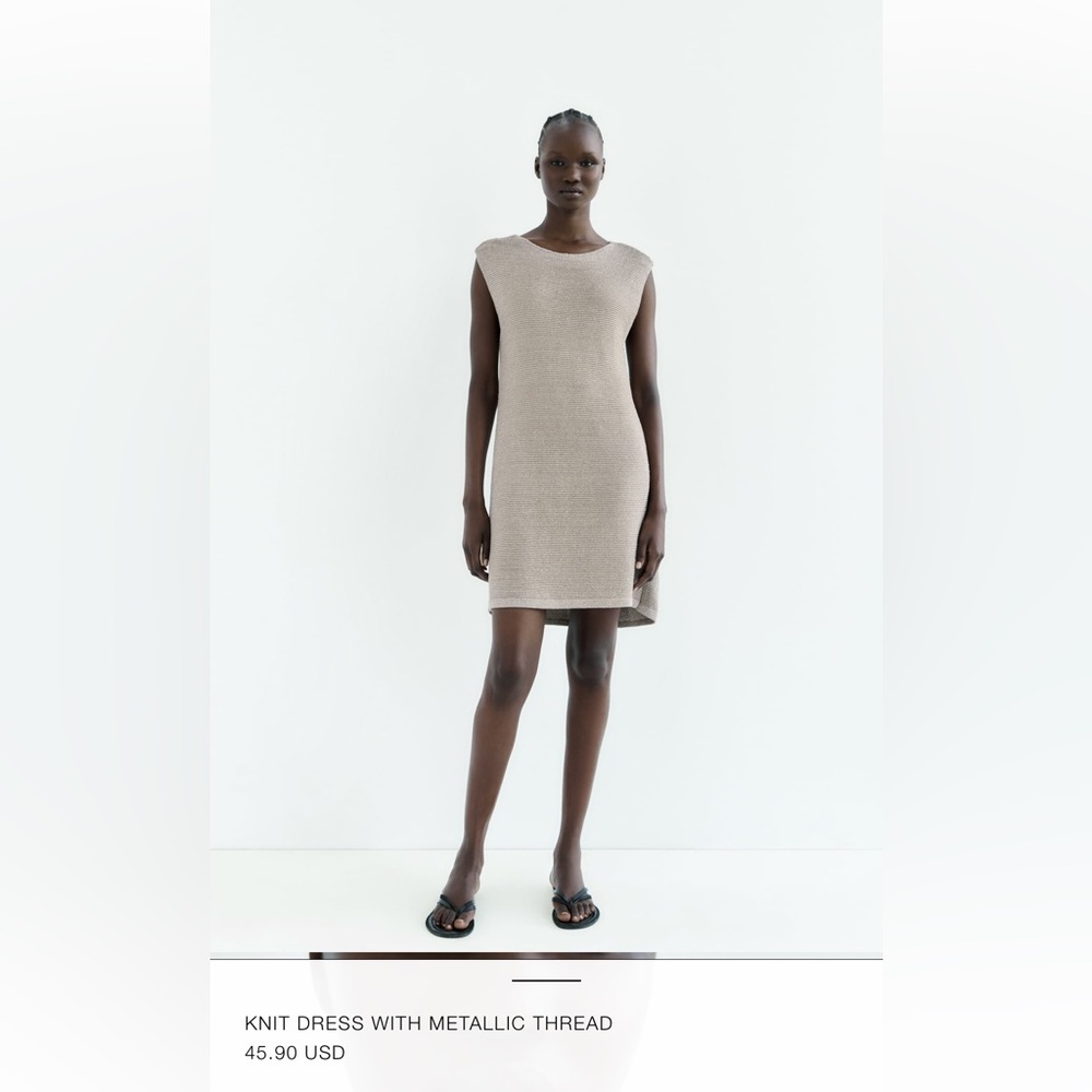 ZARA METALLIC THREAD CAP SLEEVE SHIFT DRESS-SILVER/CHAMPAGNE